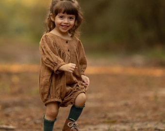 Camel Brown Bubble Romper, long sleeve, toddler girl romper, rompers for girls