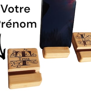 Gepersonaliseerde houten telefoonhouder, bamboe smartphonehouder, telefoonhouder voor bureau, telefoonaccessoire. Houtsnede.