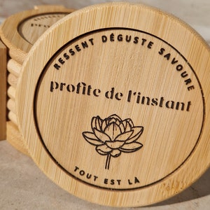 Sous-verres zen profite de l'instant. Dessous de verres en bois. Sous-bocks originaux. Cadeau spiritualité et moment présent. image 7