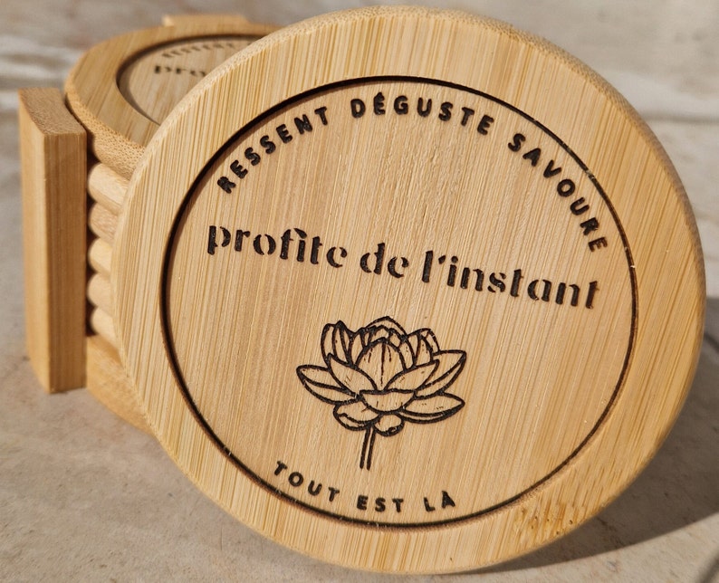 Sous-verres zen profite de l'instant. Dessous de verres en bois. Sous-bocks originaux. Cadeau spiritualité et moment présent. image 7