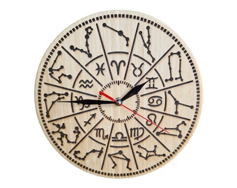 Horloge murale astrologique style moderne en bois massif. Gravure de tous les signes astrologiques et des constellations les représentants.