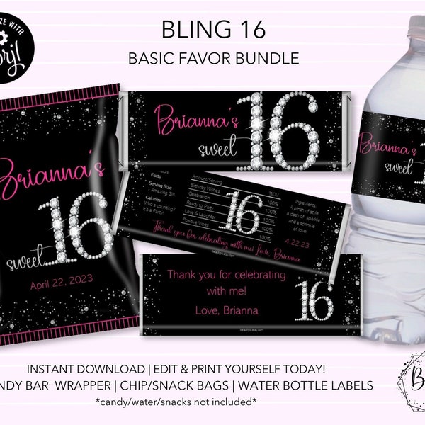 EDITABLE Bling! Sweet 16 Sixteen Party Favor Bundle | Candy Bar Wrappers, Chip Snack Bags, Water Labels | Printable Digital Download
