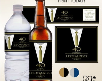 Collar and Tie Personalized Suit Men's Birthday Drinks Label Custom Water Wraps | Beer Bottle Labels & Stickers | Printable Editable