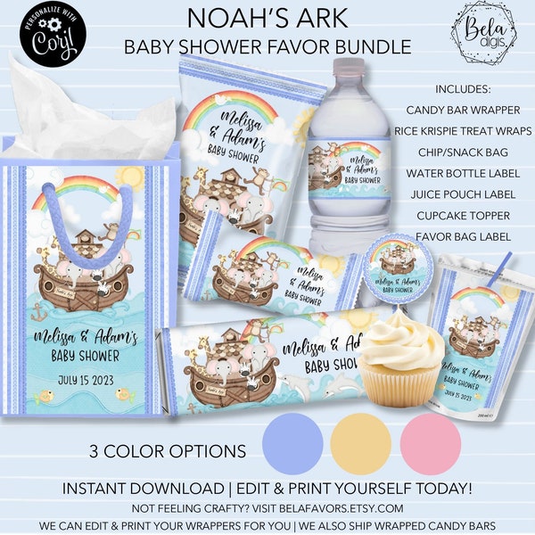 Noah's Ark Baby Shower Favor Bundle | Blue Pink Yellow | Wrappers for Candy Bar, Chips, Krispies, Water, Tags, Juice, Cupcake | Download