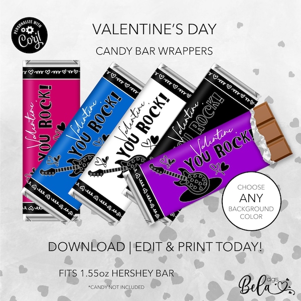 You Rock! Valentine's Day Candy Bar Wrappers | Custom Teacher School Gifts | For 1.55 oz. Hershey's Bars | Editable Template DIY