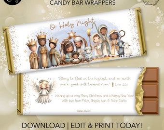 Nativity in Watercolors | Christmas Candy Wrapper Party Favor & Gifts | Fits Hershey Bars 4.4 oz. 1.5 oz. | DIY Editable Template| Printable