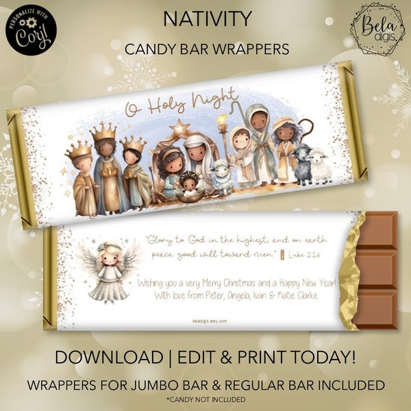 Nativity in Watercolors | Christmas Candy Wrapper Party Favor & Gifts | Fits Hershey Bars 4.4 oz. 1.5 oz. | DIY Editable Template| Printable