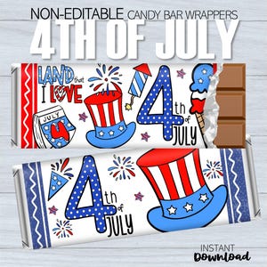 NON-Editable 4th of July Patriotic Candy Bar Wrapper | Hershey Chocolate Bar Favor | Celebrate Independence Day | Printable Instant Download