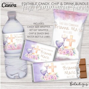 Könnte beinhalten: Set mit Erstkommunion-Geschenken mit einem violetten und rosafarbenen Blumendesign. Enthält einen Schokoladenriegel-Wrapper, einen Kit Kat-Wrapper, einen Chip- und Snack-Beutel und ein Wasserflaschenetikett. Die Etiketten zeigen einen Kelch, ein Kreuz und Kerzen mit dem Text "Erste Heilige Kommunion Brianna Marie 6. Mai 2025".
