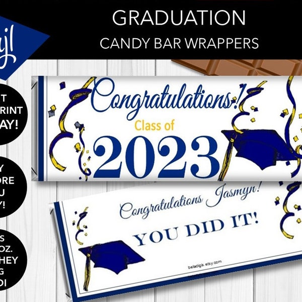 Editable Blue Cap Graduation Candy Bar Wrappers | Personalized Chocolate Party Favors | High School College Graduation | Download Printable