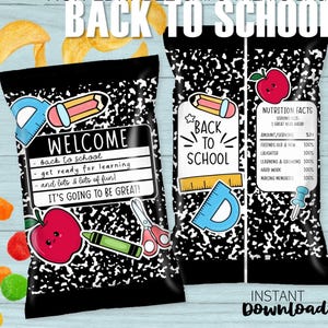 Könnte beinhalten: Schwarze und weiße Tüten im Notizbuchpapier-Design mit schulischen Grafiken. Die Tüten tragen den Text "Back to School" und "Welcome". Grafiken umfassen einen Apfel, einen Bleistift und ein Lineal.