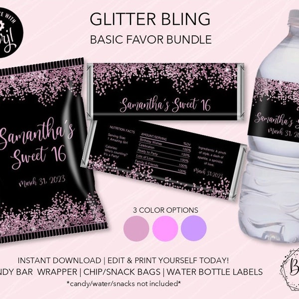 EDITABLE Shimmery Bling! Sweet 16 Sixteen Party Favor Bundle | Candy Bar Wrappers, Chip Snack Bag, Water Labels | Printable Digital Download