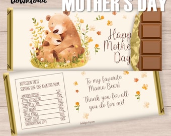 Embrulhos para Barras de Chocolate Mamãe Urso Dia das Mães: Presente de Chocolate (Download para Imprimir)