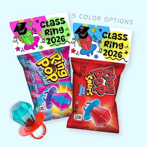 May include: Two Ring Pop sweets, one berry blast and one sour cherry, with a graduation cap graphic and the text "Class Ring 2026". The image also includes the text "5 COLOR OPTIONS".