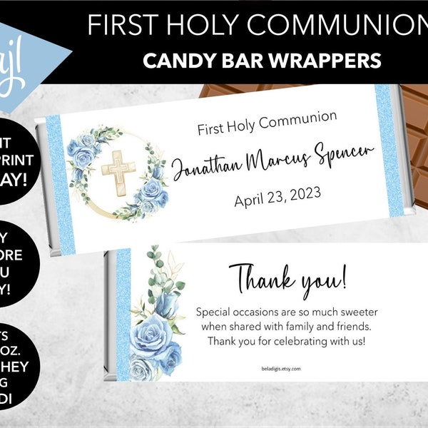 Digital Blue Roses First Communion Candy Bar Wrapper | Personalized Chocolate Wrapper | Fits the 1.55 oz. and 40 g. Bars | Printable