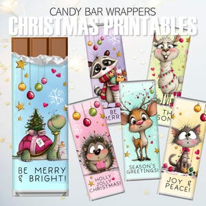 May include: Candy bar wrappers with Christmas-themed designs. The wrappers feature cartoon animals like a raccoon, deer, cat, and turtle, along with festive text and ornaments. The wrappers are in various colors, including blue, pink, and purple.