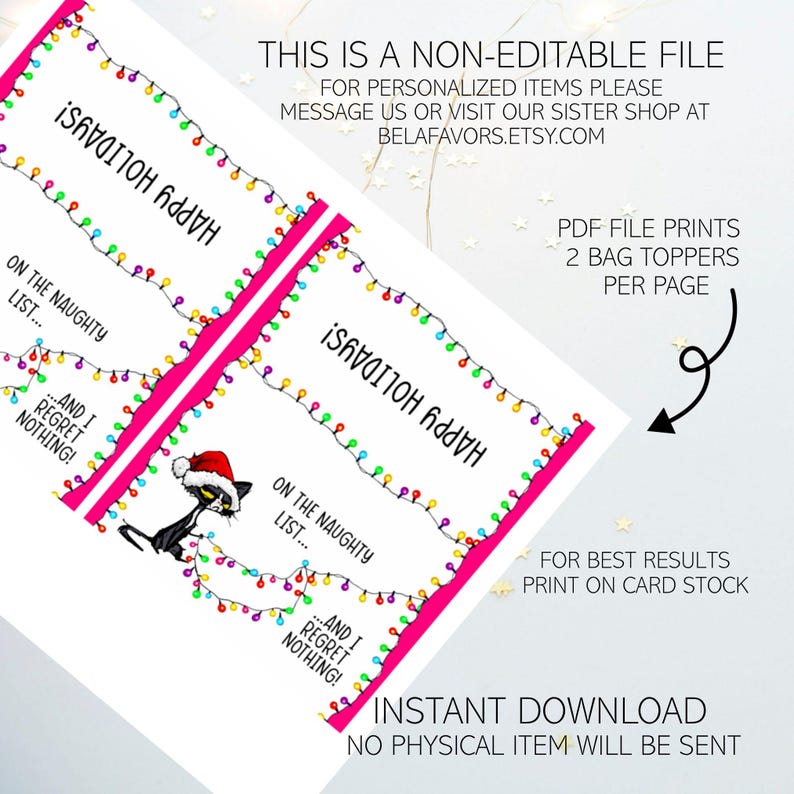 Naughty Cat Christmas Bag Toppers: Printable Holiday Party Favors, Kisses Candy Topper Tags, Xmas Gift (Instant Download) image 4
