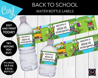 EDITIERBARE Back to School Frog Bus Wasserflaschenetiketten | Wasserfeste Aufkleber | Kindergarten Vorschule | Passend für 16,9 & 8 oz. Flaschen | Digital