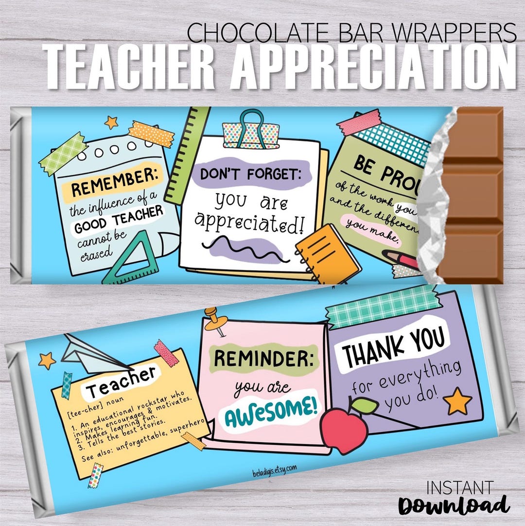 Teacher Appreciation Candy Bar Wrappers: Printable Thank You Gift ...