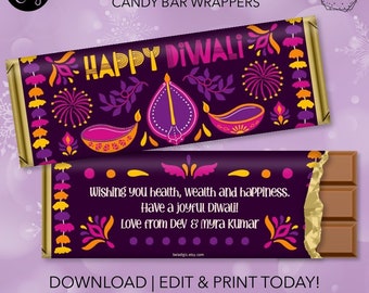 Emballage de bonbons Joyeux Diwali Cadeaux et cadeaux | Convient aux barres de chocolat Hershey de 4,4 oz. 1,5 onces | Modèle modifiable DIY pour les fêtes | Imprimable