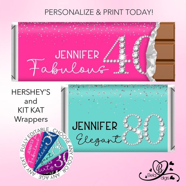 Diamond Bling Women's Birthday Candy Bar Wrappers | Personalized Custom Hershey's Kit Kat Chocolate Party Favor | Instant Editable Printable