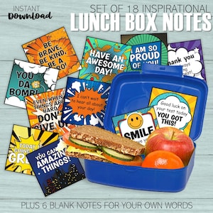 May include: A blue lunch box with a sandwich, apple, and orange, surrounded by colorful inspirational lunch box notes. The notes have phrases like "Be Brave" and "Have an Awesome Day!" and the text "Instant Download".