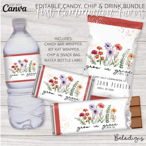 May include: Printable set of First Communion party favors featuring a floral design with the text "grow in grace 2 Peter 3:18". Includes labels for candy bars, Kit Kat wrappers, chip bags, and water bottles. The labels are customizable with the name "John Pearson" and the date "April 29 2025".