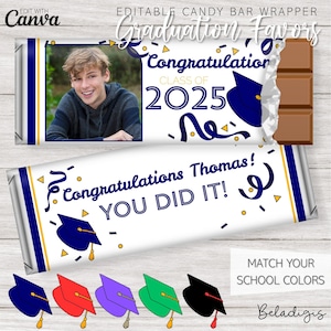 Editable Cap Photo Graduation Candy Bar Wrappers | Personalized Chocolate Bars | Printable Party Favors | Canva Template Instant Download