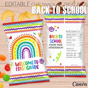 May include: Two white chip bags with colourful designs and text. One bag says "Welcome to First Grade" with a rainbow. The other says "Back to School" with nutrition facts. The bags are decorated with bright colours.