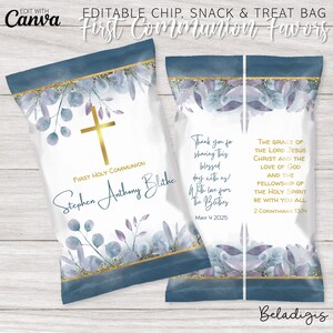 May include: A blue and white chip bag with a gold cross and floral design. The bag is personalised with the text "First Holy Communion" and "Stephen Anthony Blythe". The back of the bag has a message of thanks and a Bible verse.