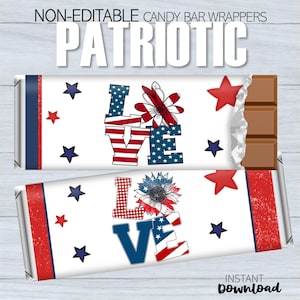 May include: Two candy bar wrappers with a patriotic theme. The wrappers feature the word "LOVE" in red, white, and blue, with star and flower accents. The top wrapper has a partially unwrapped chocolate bar. Text at the top reads "NON-EDITABLE CANDY BAR WRAPPERS" and "PATRIOTIC".