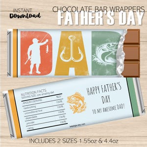 Druckbare Angeln Vatertag Candy Wrappers, Fischer Papa Schokolade Geschenk, alles Gute zum Vatertag, nicht bearbeitbarer Download, 2 Größen inklusive