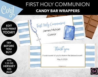 Digital Watercolor Blue Rosary | First Communion Candy Bar Wrapper | Personalized Chocolate Wrapper | Fits 1.55 oz. & 40 g. Bars | Printable