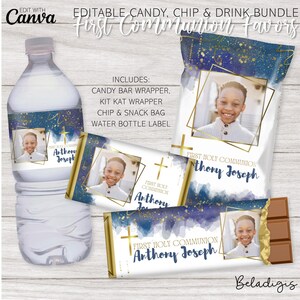 Puede incluir: Conjunto de favores de Primera Comunión editable con un diseño de acuarela azul y dorado. Incluye un envoltorio de barra de caramelo, un envoltorio de Kit Kat, una bolsa de chips y bocadillos y una etiqueta de botella de agua. Las etiquetas presentan una foto de un niño y el texto "Primera Comunión Anthony Joseph".