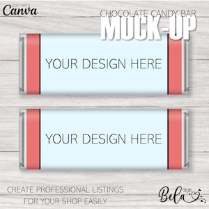 May include: Mock-up of a chocolate candy bar wrapper with a light blue background and a pink stripe on each side. The text "YOUR DESIGN HERE" is printed in black on the wrapper. The text "CHOCOLATE CANDY BAR MOCK-UP" is printed in black at the top of the image. The text "CREATE PROFESSIONAL LISTINGS FOR YOUR SHOP EASILY" is printed in black at the bottom of the image.