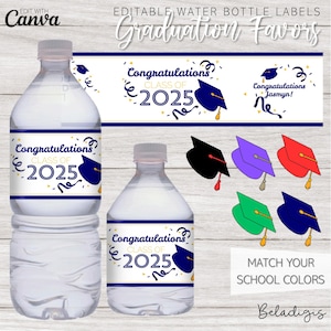 Bewerkbaar waterflesetiket Grad Cap afstuderen | Gepersonaliseerde waterdoek | Afdrukbaar feestbedankje | Canva-sjabloon direct downloaden