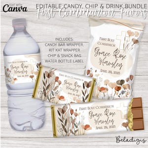 May include: First Holy Communion favor bundle with a floral design in shades of brown, beige, and gold. The bundle includes a candy bar wrapper, Kit Kat wrapper, chip and snack bag, and water bottle label. The labels feature the text "First Holy Communion", "Grace Rose Harsley", and "April 29, 2025".