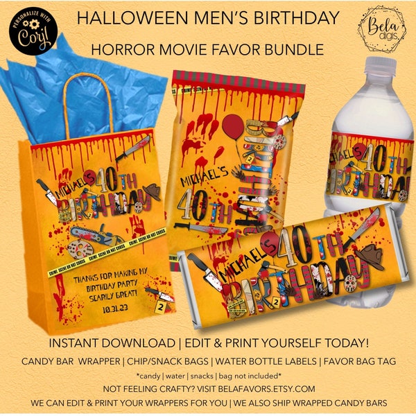 EDITABLE Horror Movie Halloween Men's Birthday Favor Bundle | Favor Bag Label, Candy Bar Wrapper, Water Labels, Chip Bags | Digital Download