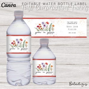 May include: Water bottle label with a floral design and the text "grow in grace 2 Peter 3:18". The label also includes the text "The First Holy Communion of Noah John Pearson April 29 2025".