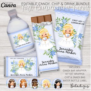 Könnte beinhalten: Druckbare Erstkommunion-Geschenk-Etiketten mit einem Mädchen in einem weißen Kleid mit blauen Blumen. Enthält einen Schokoladenriegel-Wrapper, einen Kit Kat-Wrapper, einen Chip- und Snack-Beutel und ein Wasserflaschenetikett. Der Text "Jennifer Anne Parker" und "Erste Heilige Kommunion" ist auf den Etiketten enthalten.