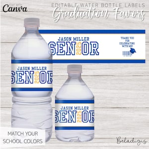 Bewerkbaar waterflesetiket voor senior afstuderen | Gepersonaliseerde waterdoek | Afdrukbaar feestbedankje | Canva-sjabloon direct downloaden