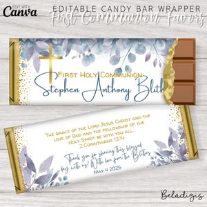 Foliage First Communion Candy Bar Wrappers: Printable Chocolate Favors (Canva Template)