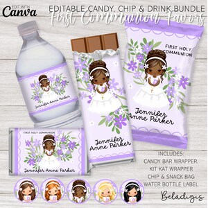 Könnte beinhalten: Druckbare Etiketten für Erstkommunion-Geschenke mit einem Mädchen in einem weißen Kleid mit lila Blumen. Die Etiketten sind für Schokoladentafeln, Chipstüten, Wasserflaschen und Kit Kat-Verpackungen. Der Text "Erste Heilige Kommunion" und "Jennifer Anne Parker" ist auf den Etiketten enthalten.