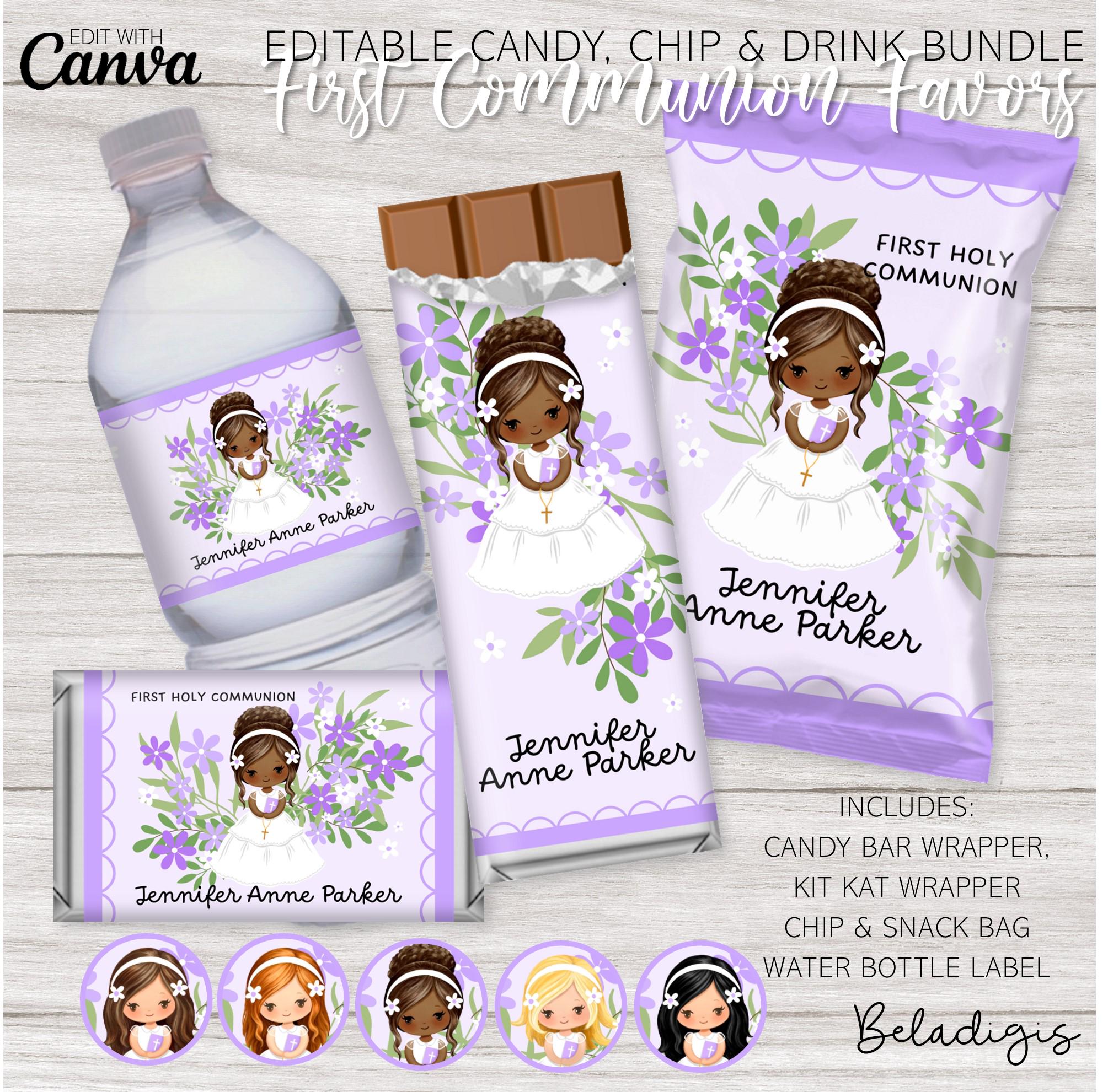 Floral First Holy Communion Favor Bundle: Editable Canva Template ...