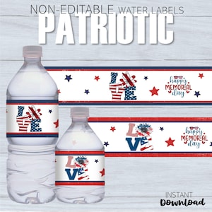 NON-Editable Patriotic Water Bottle Labels | Patriotic Memorial Day July 4th Party Favors | Bottle Stickers | Instant Download Printable