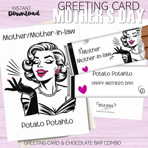 Tarjeta imprimible retro para el Día de la Madre con temática de suegra. Paquete de barras de chocolate. Papas graciosas y divertidas. Hershey's y Lindt. Descarga.