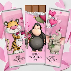 May include: Three chocolate bar wrappers with cartoon animal illustrations. A tiger holds a gift, a gorilla holds flowers, and an elephant holds balloons. Each wrapper is pink with the text "Happy Valentine's Day".