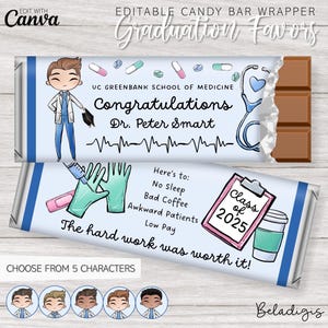 Editable Doctor Graduation Candy Bar Wrappers | Personalized Chocolate Bars | Printable Party Favors | Canva Template Instant Download