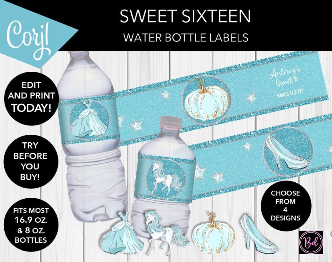 EDITABLE Princess Sweet 16 Sixteen Water Labels Gown Slipper Pumpkin