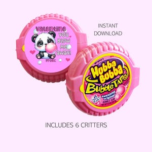 Könnte beinhalten: Zwei rosa Hubba Bubba Bubble Tape-Behälter. Einer hat ein Valentinstagsdesign mit einem Panda, der eine Blase bläst, und dem Text "Valentine, you blow me away!". Der andere hat das Hubba Bubba-Logo.